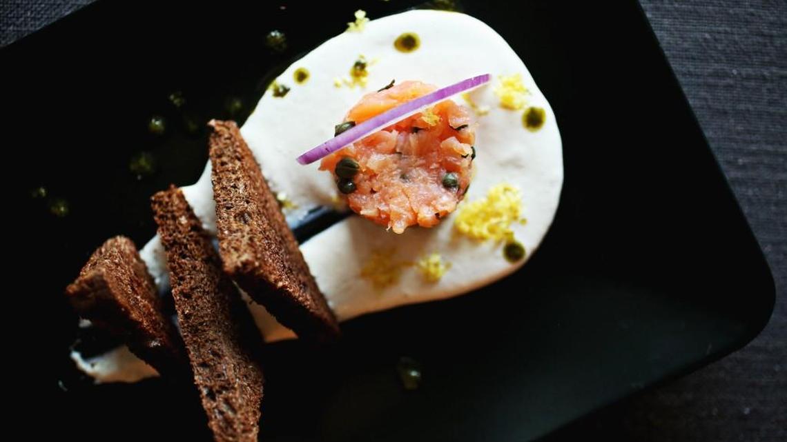 A delightful smoked salmon tartare presentation is punctuated with sauce pistou from Flair Restaurant & Wine Bar in Chapel Hill.