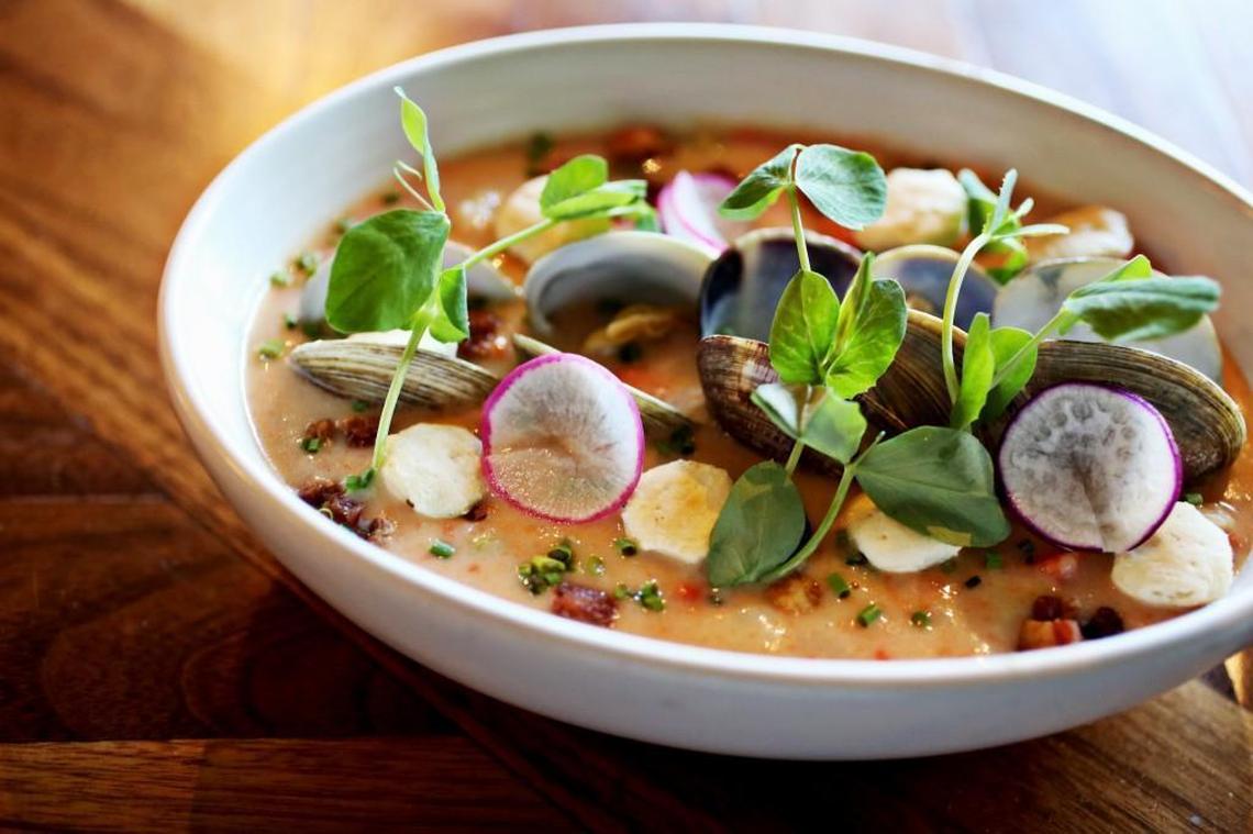 The Clam Chowder at Cortez is made up of house smoked chowder with littleneck clams. The Raleigh restaurant focuses on seafood with Mexican influences.