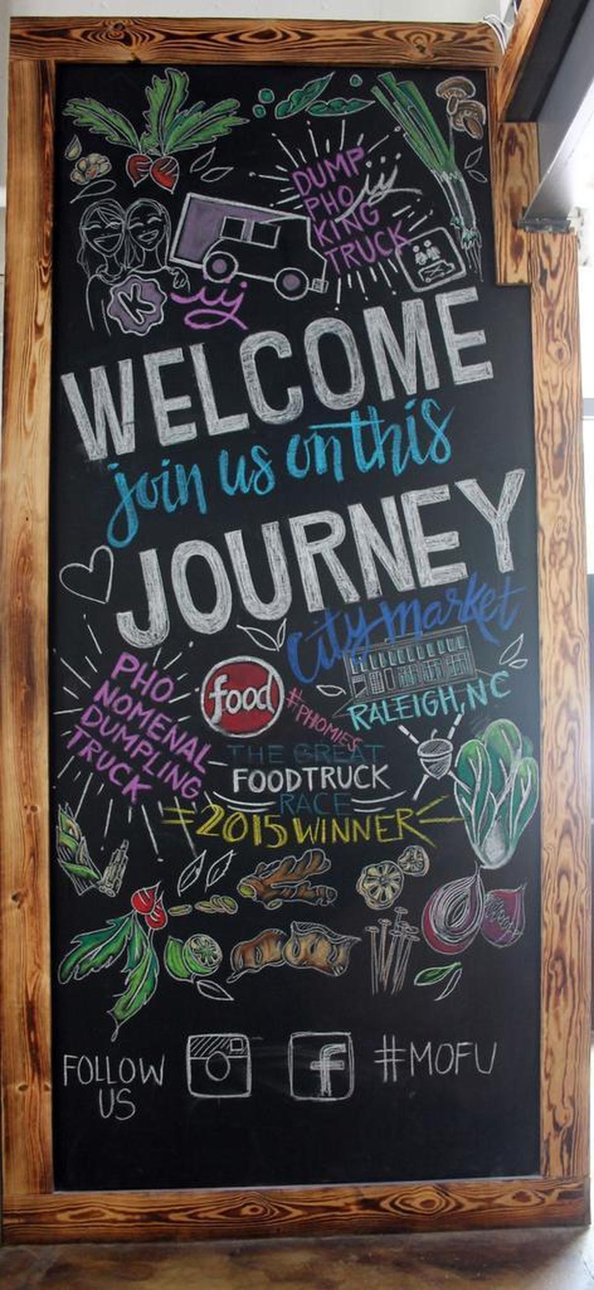 The story of Mofu Shoppe is illustrated in a chalk mural from resident artist/bartender Darany Samountry. It starts with a Kickstarter campaign and continues through the owner’s win on the Food Network’s “The Great Food Truck Race.” The blackboard, near the front of the restaurant, will change periodically.