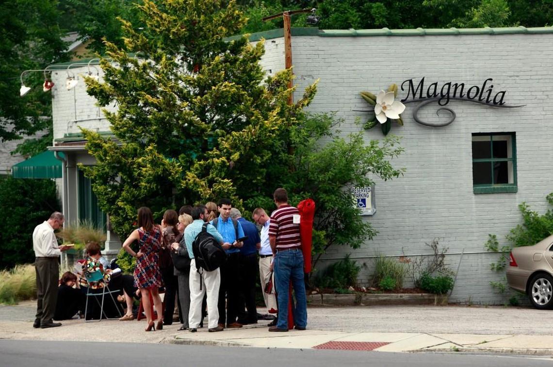Dozens of patrons line up outside Magnolia Grill in Durham Thursday, May 17, 2012, after award-winning chefs Ben and Karen Barker announced they would close their renowned Durham restaurant on May 31st.