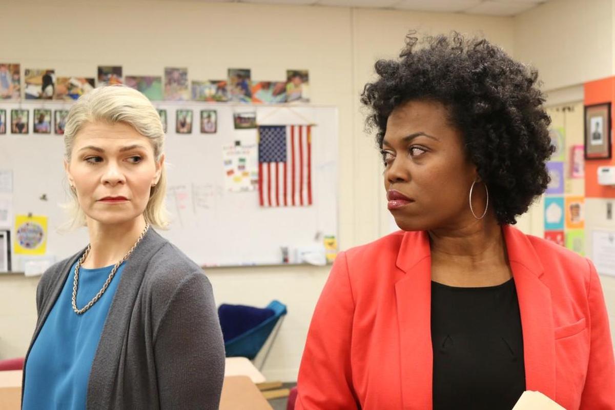 From left, Shannon Malone plays Heather and Lakeisha Coffey plays Corryn in Bartlett Theater’s prodcution of “Gideon’s Knot.”