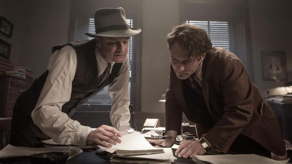 Colin Firth, left, plays Maxwell Perkins and Jude Law plays Thomas Wolfe in the film “Genius.”