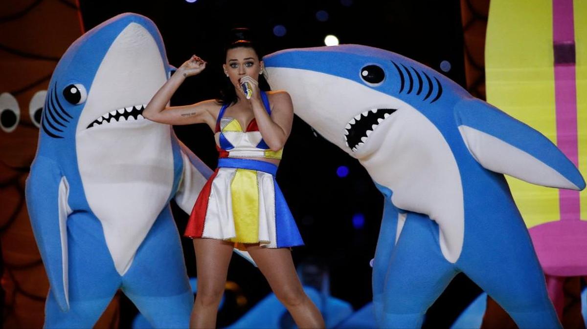 Singer Katy Perry performs during halftime of NFL Super Bowl XLIX football game between the Seattle Seahawks and the New England Patriots Sunday, Feb. 1, 2015, in Glendale, Ariz.
