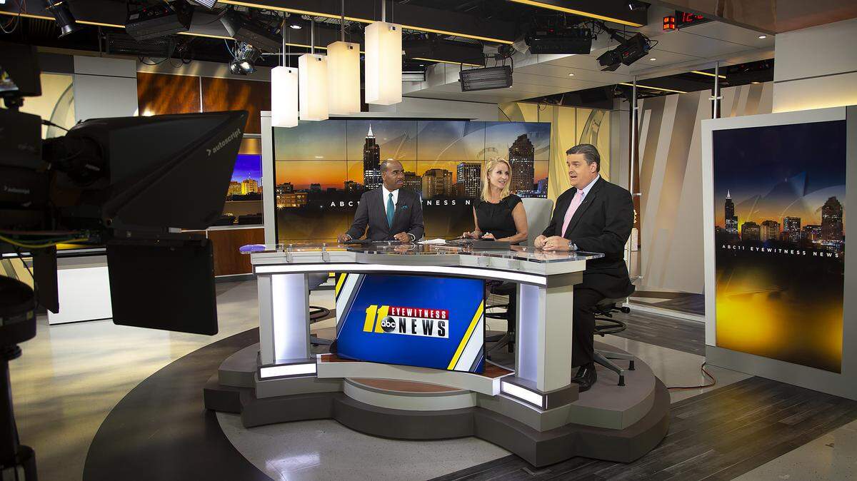 Former ABC11 anchor John Clark, with Barbara Gibbs and meteorologist Don Schwenneker broadcast from the downtown Raleigh studio in 2018.