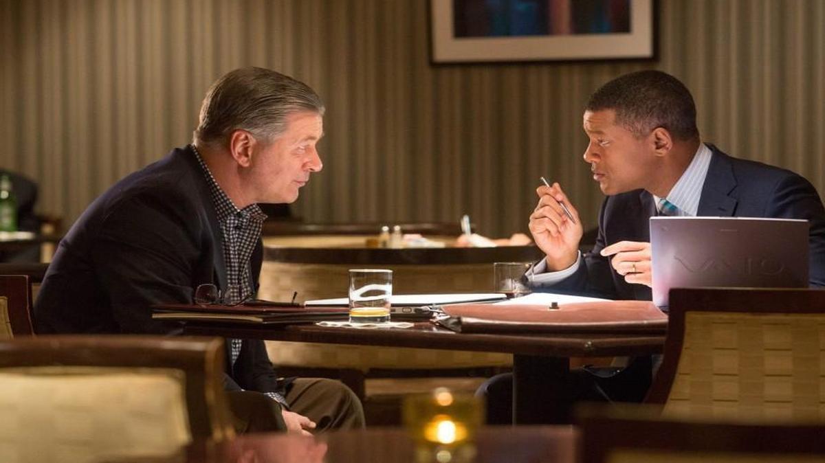 Alec Baldwin stars as Dr. Julian Bailes and Will Smith stars as Dr. Bennet Omalu in Columbia Pictures' “Concussion.”