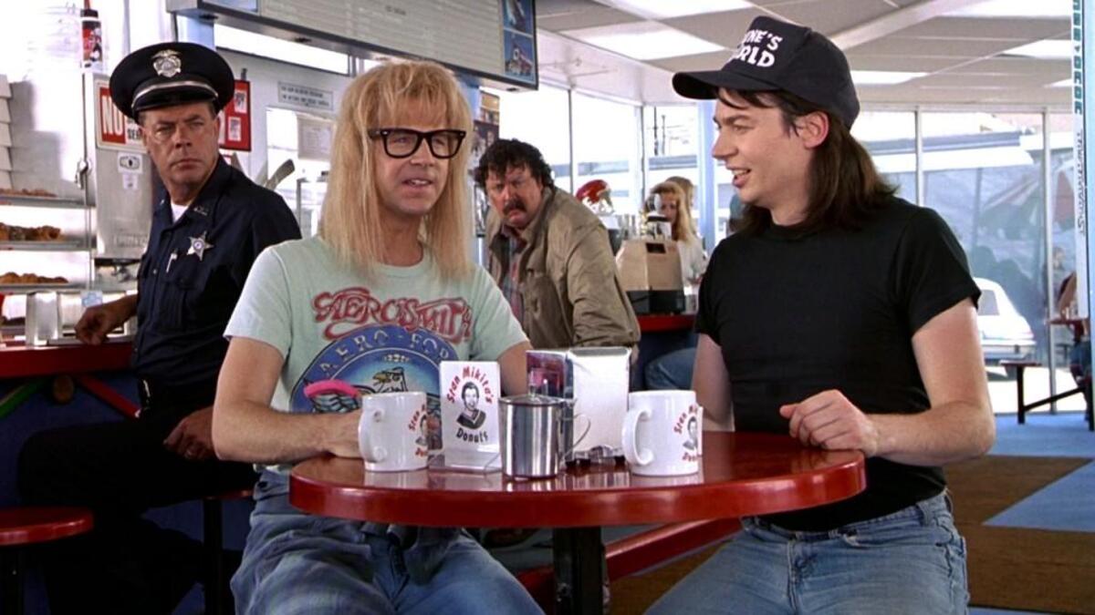 Mike Myers, left, as Wayne Campbell, and Dana Carvey as Garth Algar in “Wayne’s World.” The 1992 comedy cult classic  will be showing at various Triangle locations as part of the Flashback Cinema series.