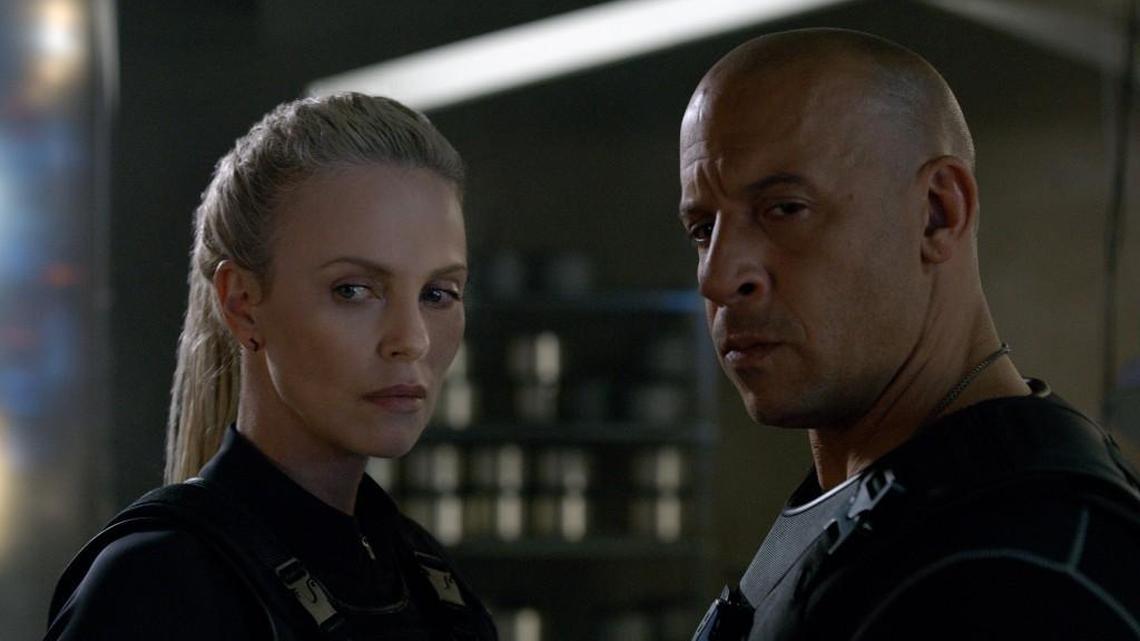 Charlize Theron, left, and Vin Diesel in “The Fate of the Furious.”