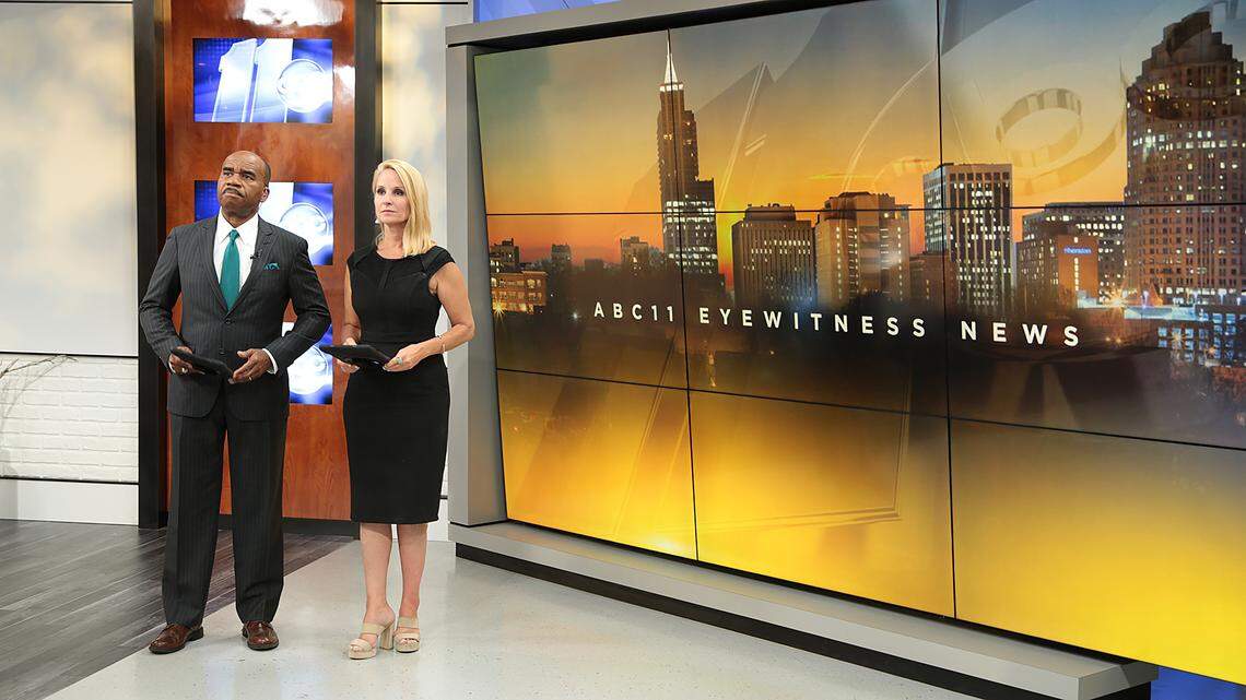ABC11’s John Clark and Barbara Gibbs broadcast from the new studio on Fayetteville Street in downtown Raleigh on Wednesday, Oct. 17, 2018.