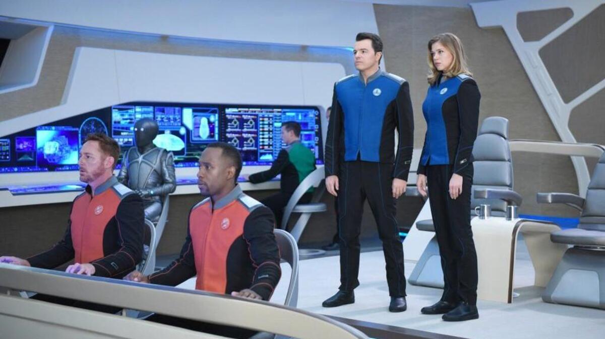 (L-R): Scott Grimes, Mark Jackson, J. Lee, Seth MacFarlane and Adrianne Palicki in the new space adventure series “The Orville.”