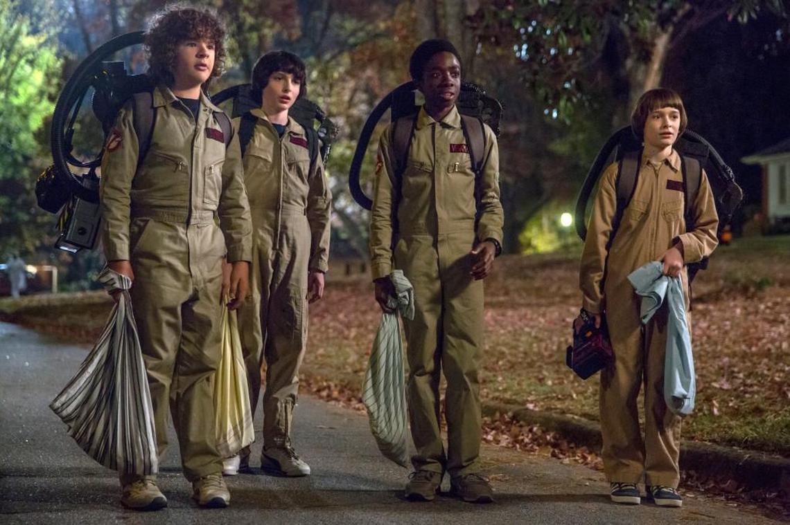 From left: Gaten Matarazzo, Finn Wolfhard, Caleb McLaughlin and Noah Schnapp in a scene from "Stranger Things 2" on Netflix.