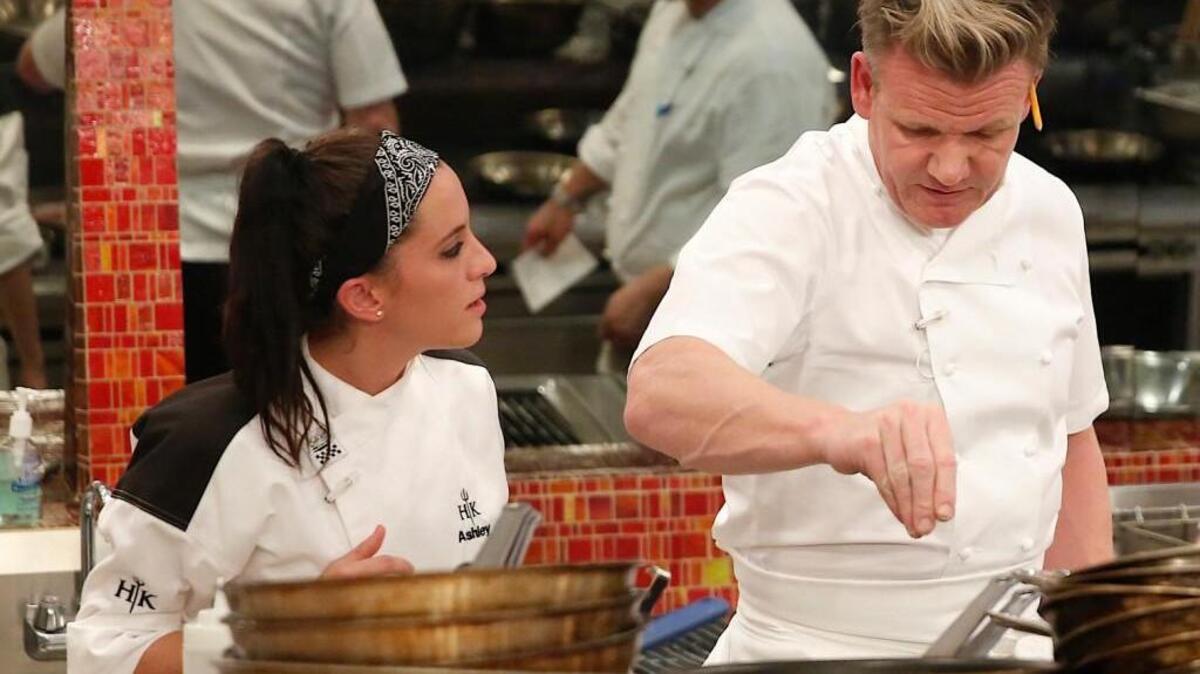 Contestant Ashley, left, with host Chef Gordon Ramsay. Ashley was eliminated in last week’s episode, leaving Kristen and Ariel to compete for the title.