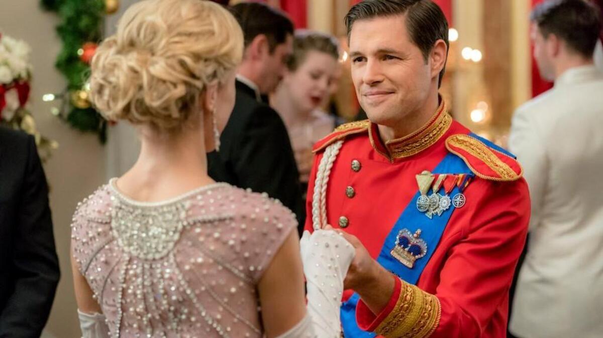 Jessy Schram, left, and Sam Page in the Hallmark movie “A Royal New Year’s Eve.”