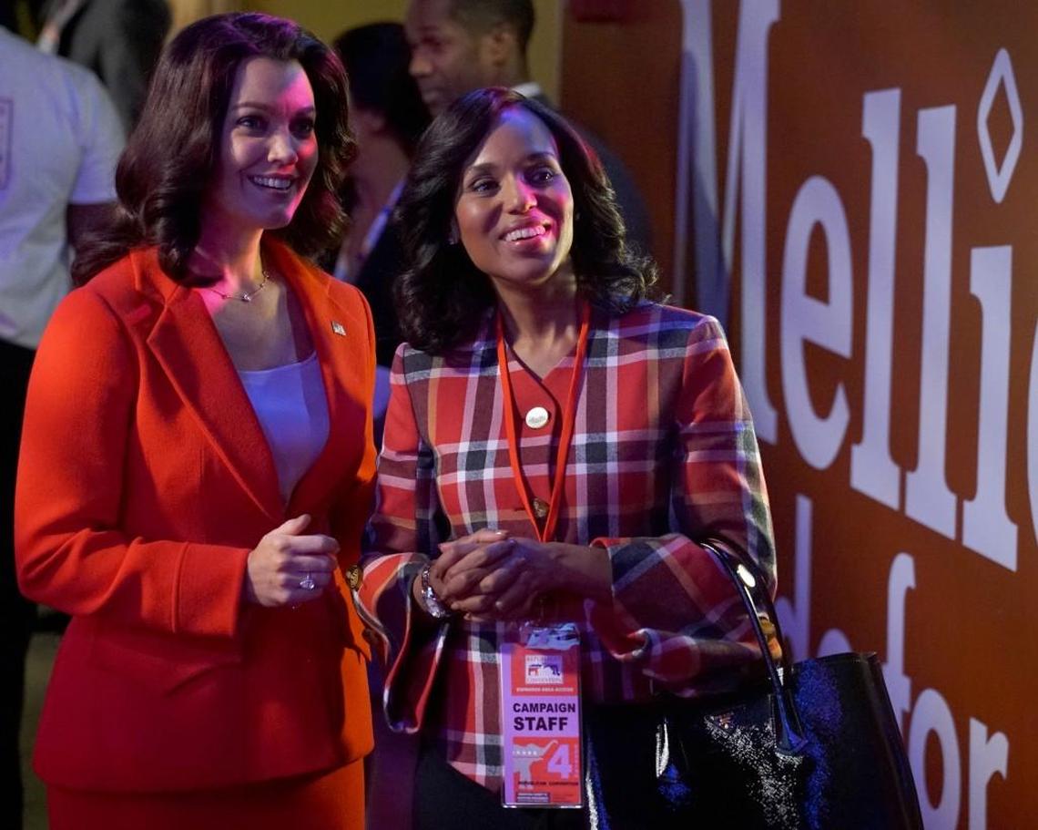 Bellamy Young, left, and Kerry Washington in the season finale of “Scandal” on ABC.