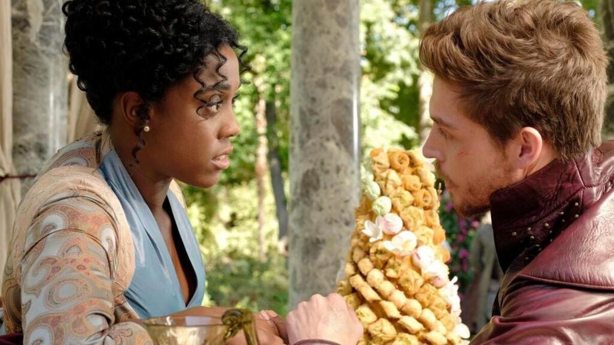 Lashana Lynch, left, as Rosaline Capulet, and Wade Briggs as Benvolio Montague in ABC’s “Still Star-Crossed.”