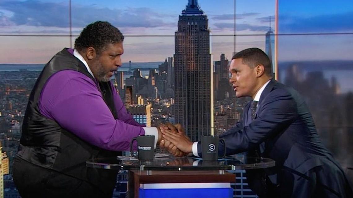 Rev. William J. Barber II, left, and “Daily Show” host Trevor Noah.