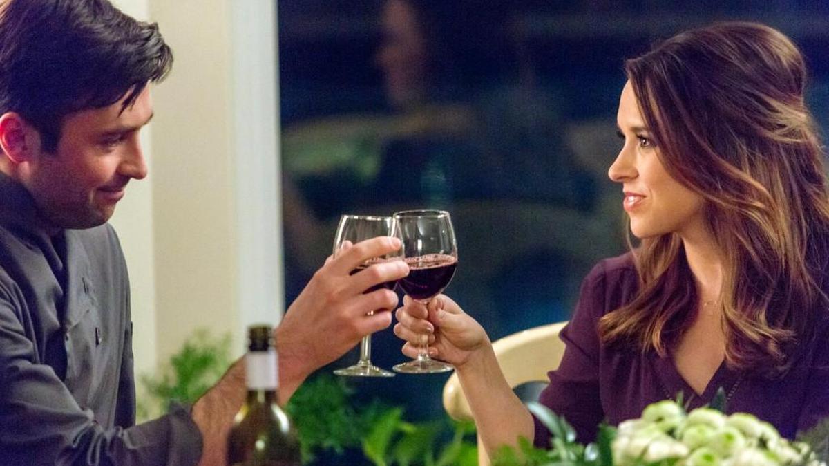 Carlo Marks, left, and Lacey Chabert in the Hallmark movie “Moonlight in Vermont.”