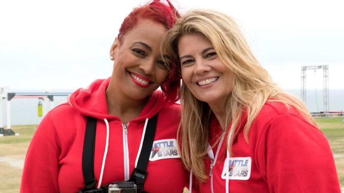 Kim Fields, left, and Lisa Whelchel from “The Facts of Life” compete on “Battle of the Network Stars.”