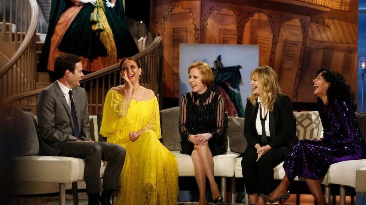 (L-R): Bill Hader, Maya Rudolph, Carol Burnett, Amy Poehler and Tracee Ellis Ross in “The Carol Burnett 50th Anniversary Special” on CBS.