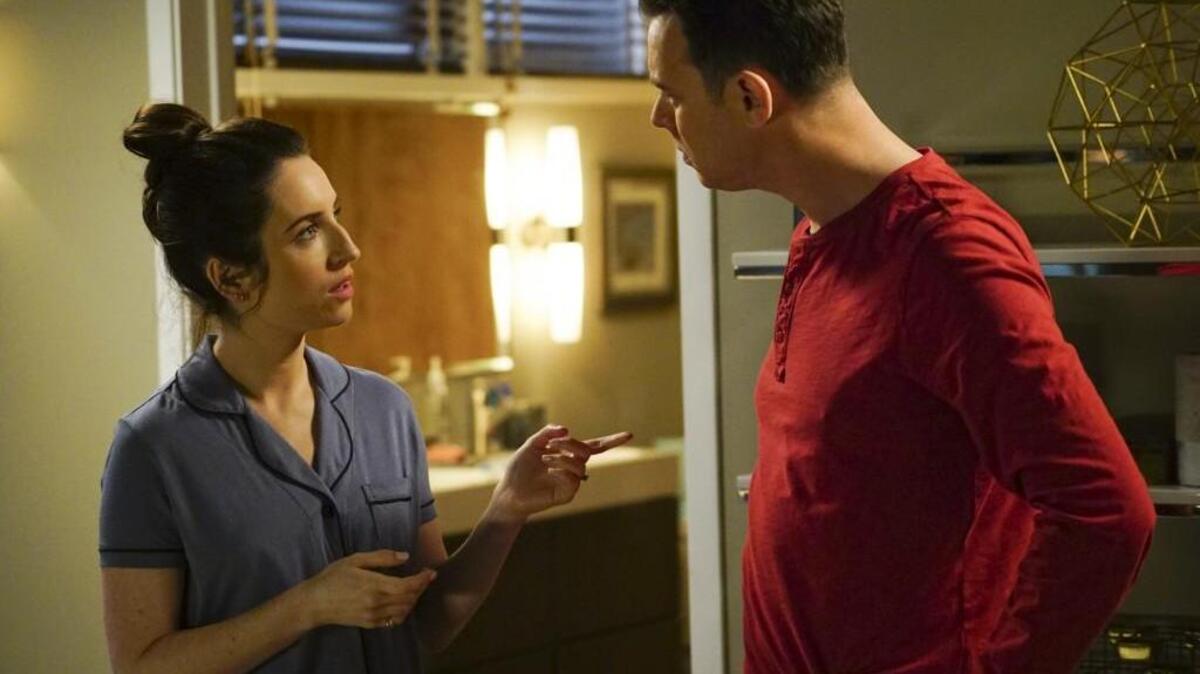 Zoe Lister-Jones, left, as Jen and Colin Hanks as Greg in “Life in Pieces.”