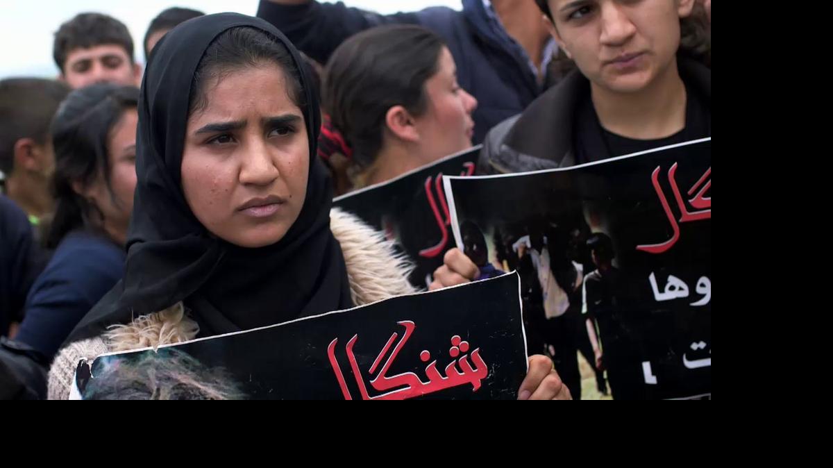 
Frontline delivers a stunning look at ISIS’ brutal treatment of women who are Yazidi — an ethnic minority hated by the Islamist group. Here, a group of Yazidi women demands international help to rescue their relatives abducted by ISIS at a protest in a camp for displaced people in Dohuk, North Iraq.
