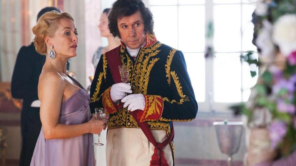 Gillian Anderson, left, as Anna Pavlovna and Stephen Rea as Vassily Kuragin in “War and Peace.”