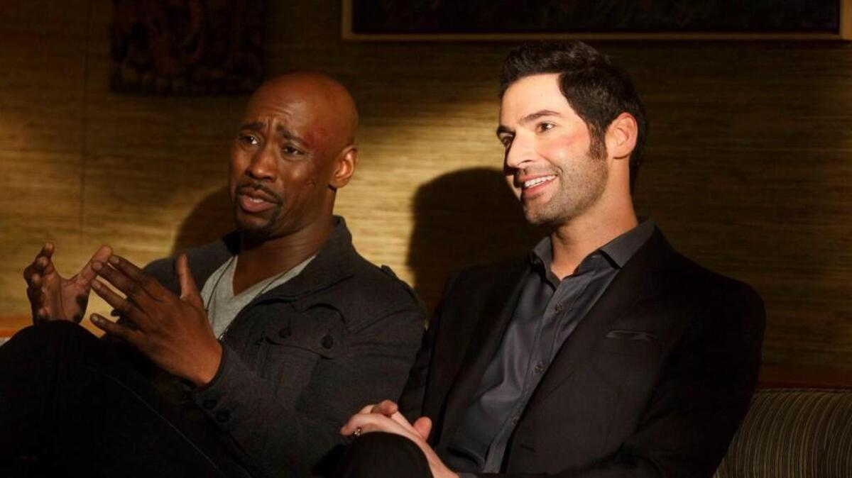 D.B. Woodside (left) as Amenadiel and Tom Ellis as Lucifer in the season finale of “Lucifer” on Fox. airing Monday, April 25 (9:01-10:00 PM ET/PT) on FOX. ©2016 Fox Broadcasting Co. CR: /FOX