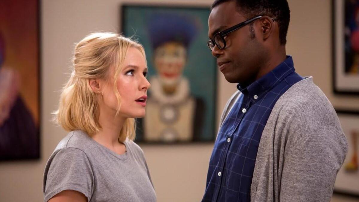 Kristen Bell, left, as Eleanor and William Jackson Harper as Chidi in “The Good Place” on NBC.