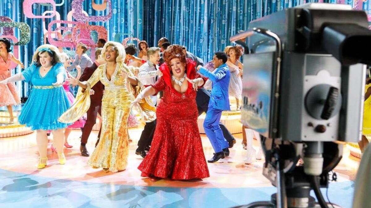 (L-R): Maddie Baillio as Tracy Turnblad, Jennifer Hudson as Motormouth Maybelle and Harvey Fierstein as Edna Turnblad in rehearsal for “Hairspray Live!” on NBC.