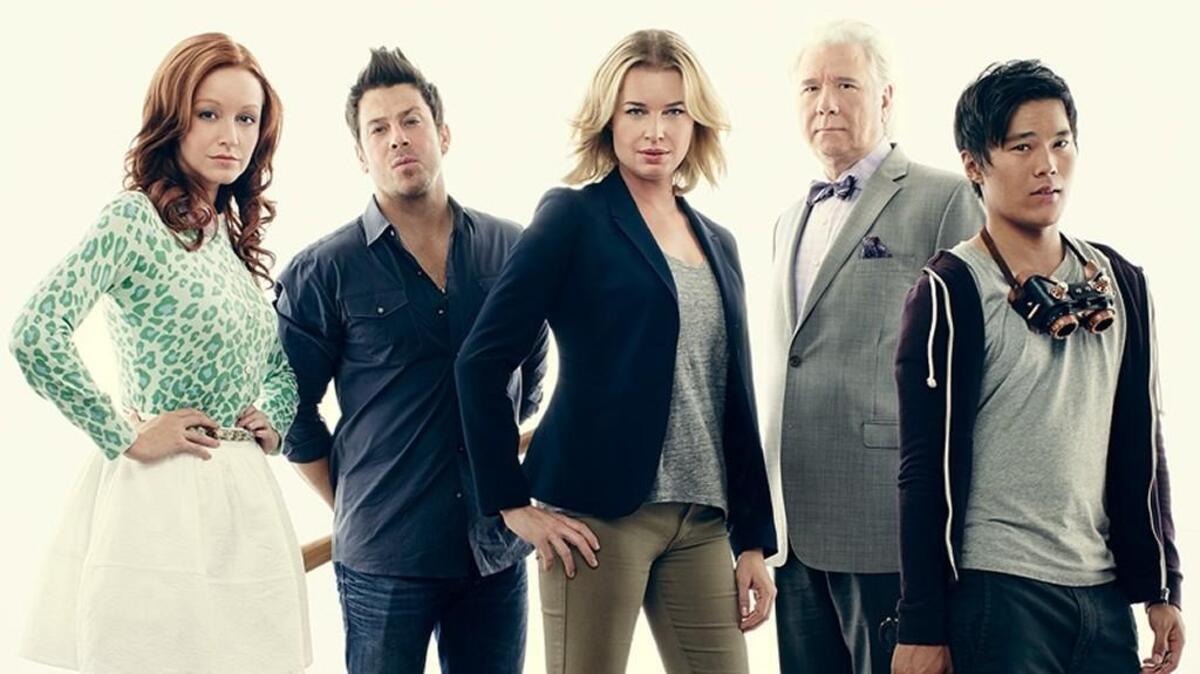 (L-R): Lindy Booth, Christian Kane, Rebecca Romijn, John Larroquette and John Kim from TNT’s “The Librarians.”