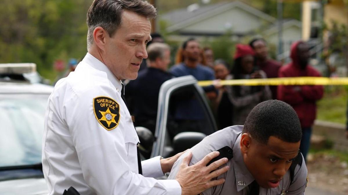 Stephen Moyer, left, and Mack Wilds in the premiere episode of “Shots Fired” on Fox.