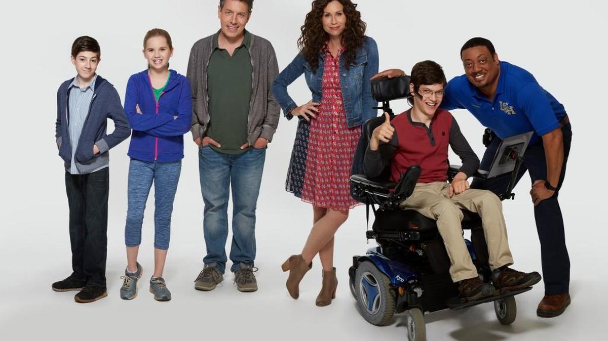 The cast of ABC’s ‘Speechless,’ from left, Mason Cook, Kyla Kenedy, John Ross Bowie, Minnie Driver, Micah Fowler and Cedric Yarbrough.