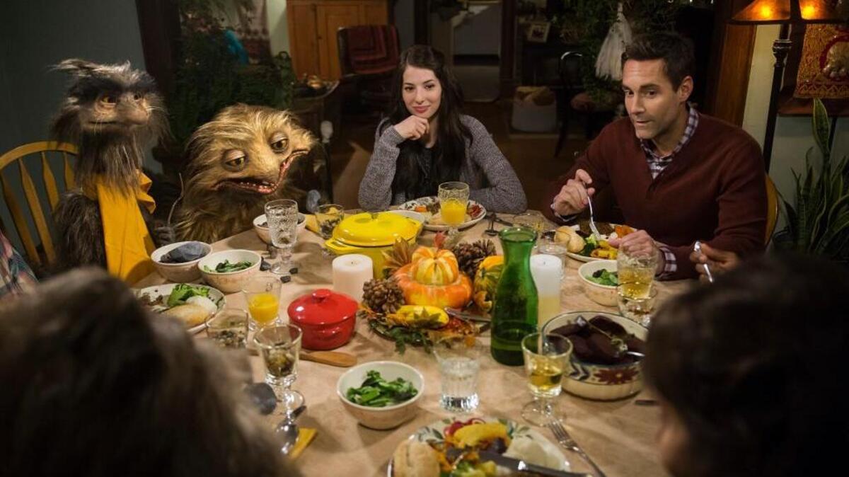 (L-R): Squonk, Burble, Genevieve Buechner and Jay Harrington star in ”Jim Henson’s Turkey Hollow” on Lifetime.