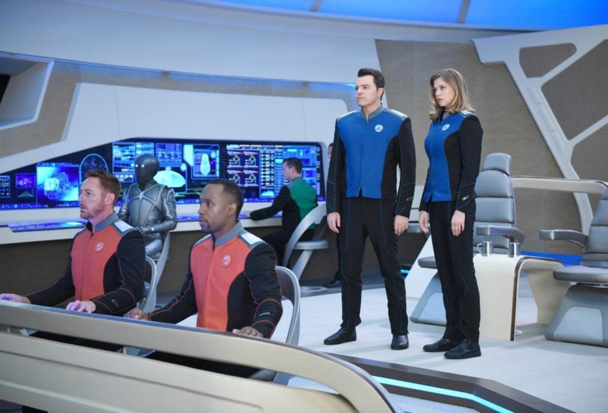 (L-R): Scott Grimes, Mark Jackson, J. Lee, Seth MacFarlane and Adrianne Palicki in the new space adventure series “The Orville.”