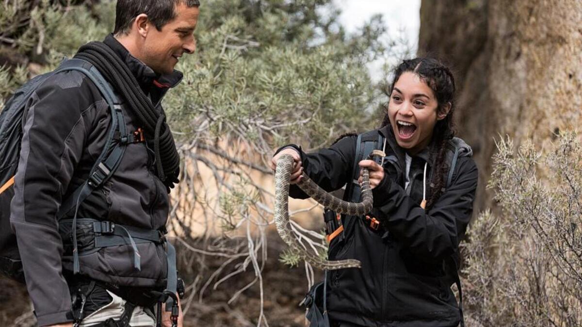 Bear Grylls, left, with Vanessa Hudgens in “Running Wild with Bear Grylls” on NBC.