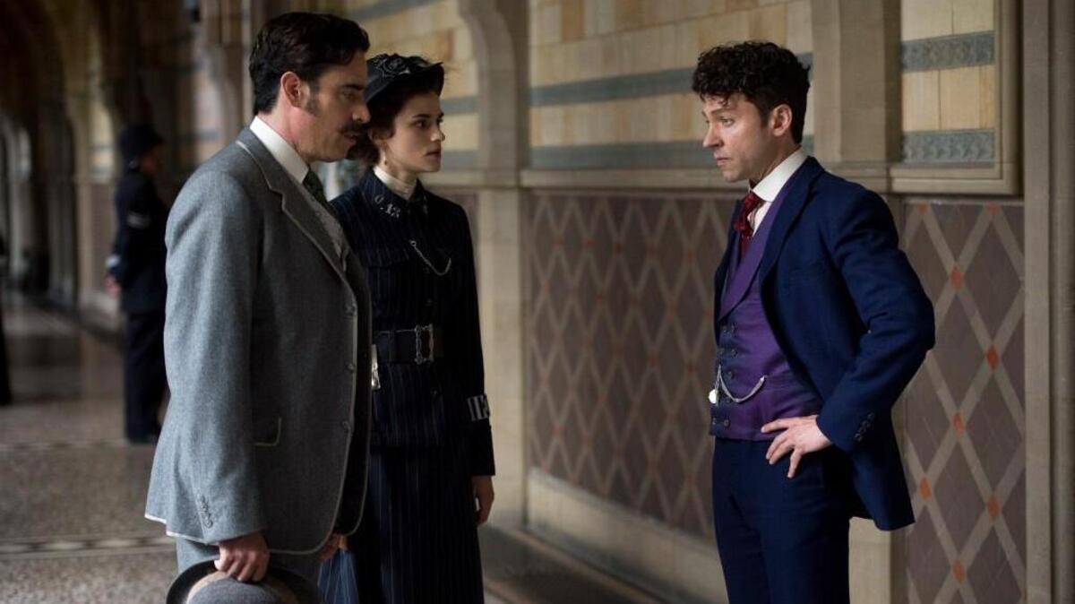(L-R): Stephen Magadan, Rebecca Liddiard and Michael Weston in the “Houdini & Doyle” on Fox.