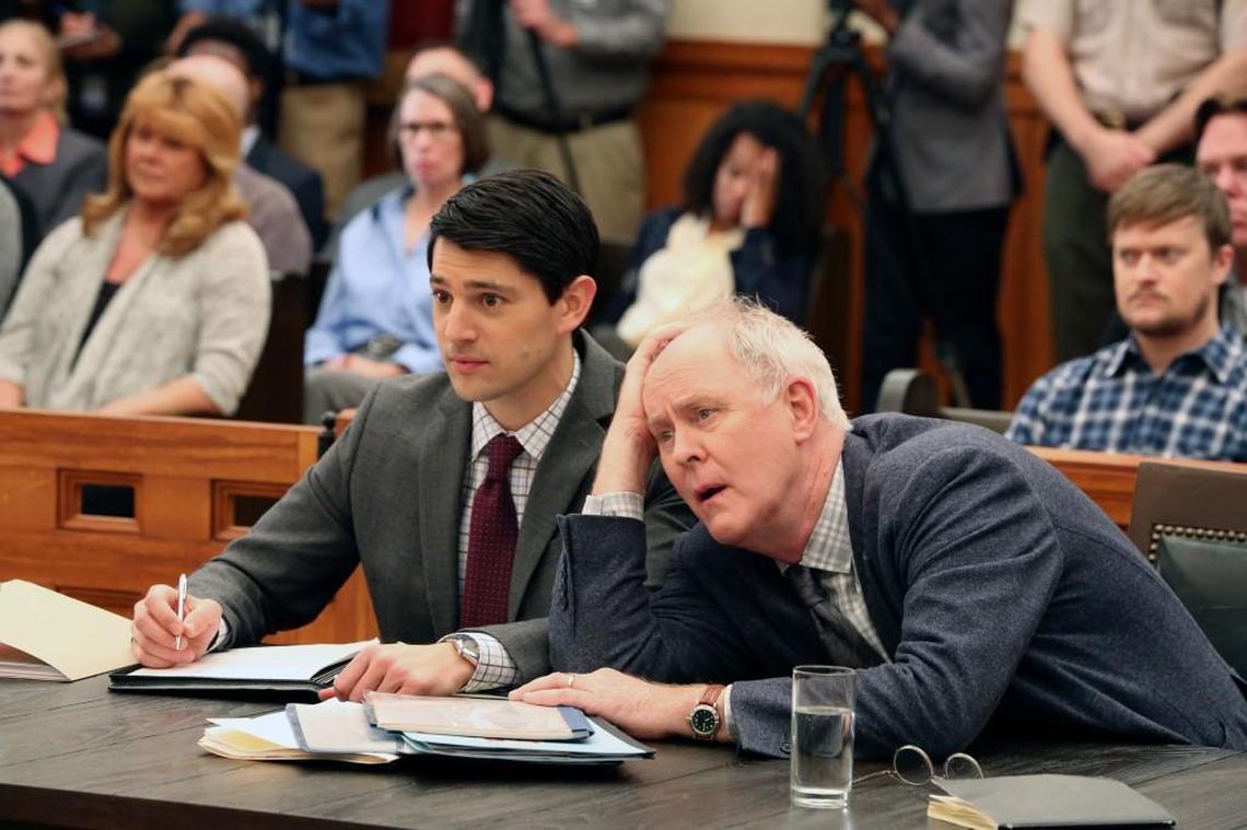 Nicholas D’Agosto, left, as defense attorney Josh and John Lithgow as Larry Henderson in Season 1 of NBC’s “Trial & Error.”