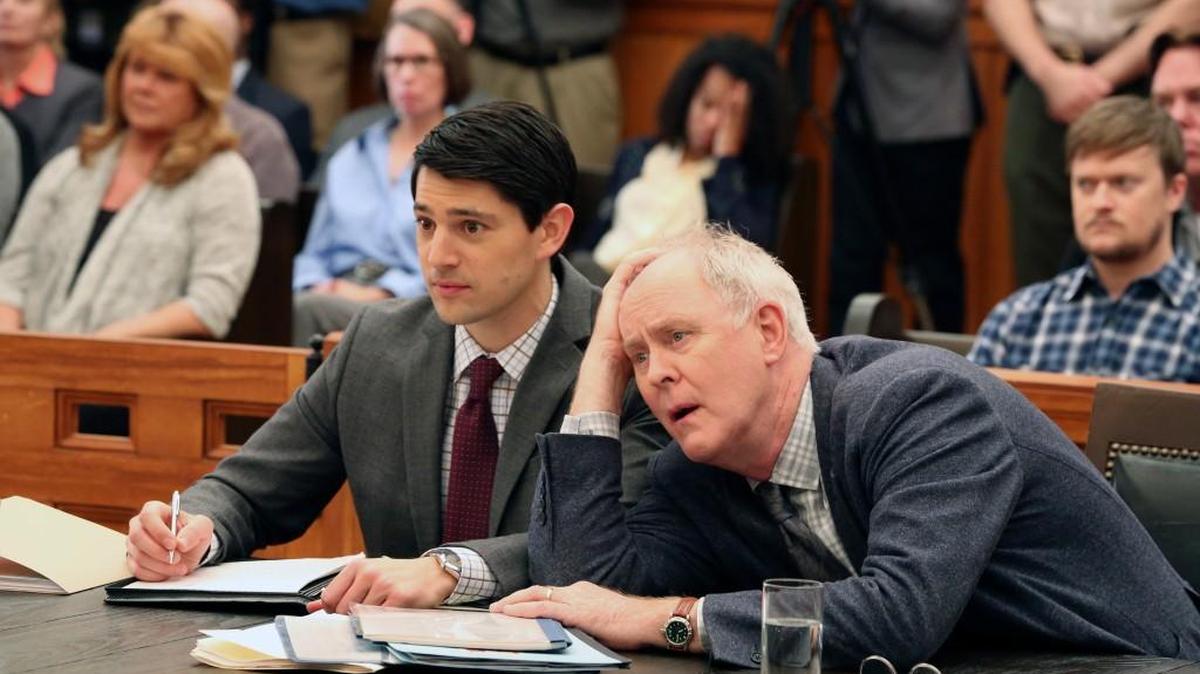 Nicholas D’Agosto, left, as defense attorney Josh and John Lithgow as Larry Henderson in Season 1 of NBC’s “Trial & Error.”