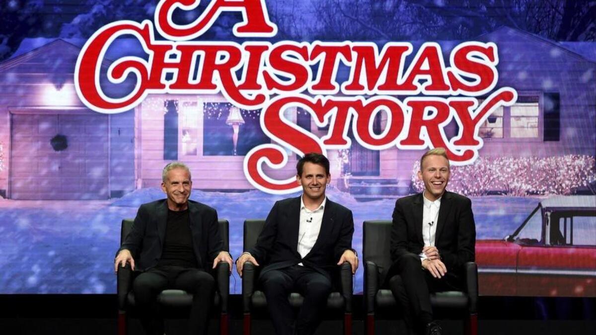 L-R: “A Christmas Story” executive producer Marc Platt, composers Benj Pasek and Justin Paul during a panel at the 2017 FOX SUMMER TCA at The Beverly Hilton Hotel.