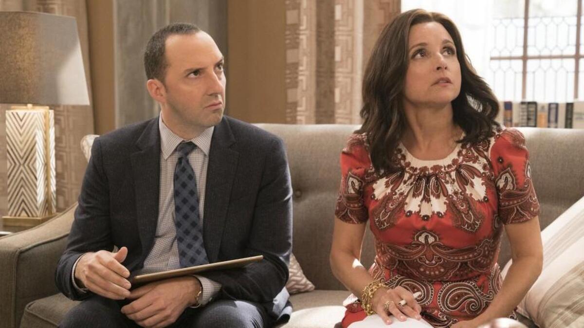 Tony Hale, left, as Gary Walsh, and Julia Louis-Dreyfus and Selina Meyer in HBO’s “Veep.”