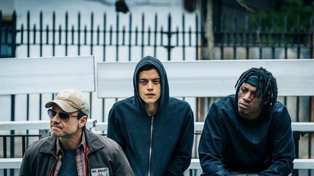 (L-R): Christian Slater as Mr. Robot, Rami Malek as Elliot Alderson and Joey Bada$$ as Leon.