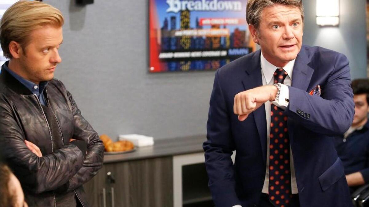 Adam Campbell, left, as Greg, and John Michael Higgins as Chuck in NBC’s “Great News.”