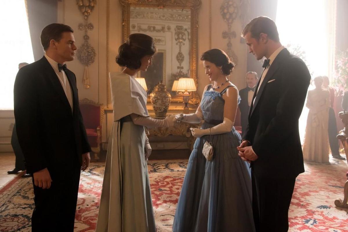 (L-R): Michael C. Hall as President John F. Kennedy, Jodi Balfour as Jackie Kennedy, Claire Foy as Elizabeth II and Matt Smith as Prince Philip in the Netflix series “The Crown.”