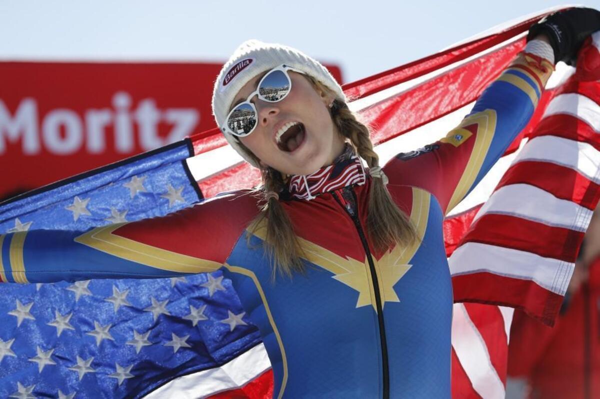 U.S. skier Mikaela Shiffrin celebrates her gold medal in the women’s slalom at the alpine skiing World Championships in St. Moritz, Switzerland, in Feb. 2017. Shiffrin could be one of the biggest stars of the 2018 Winter Olympics.