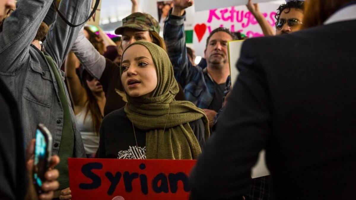 Dalya protesting the Muslim travel ban at LAX in January 2017.