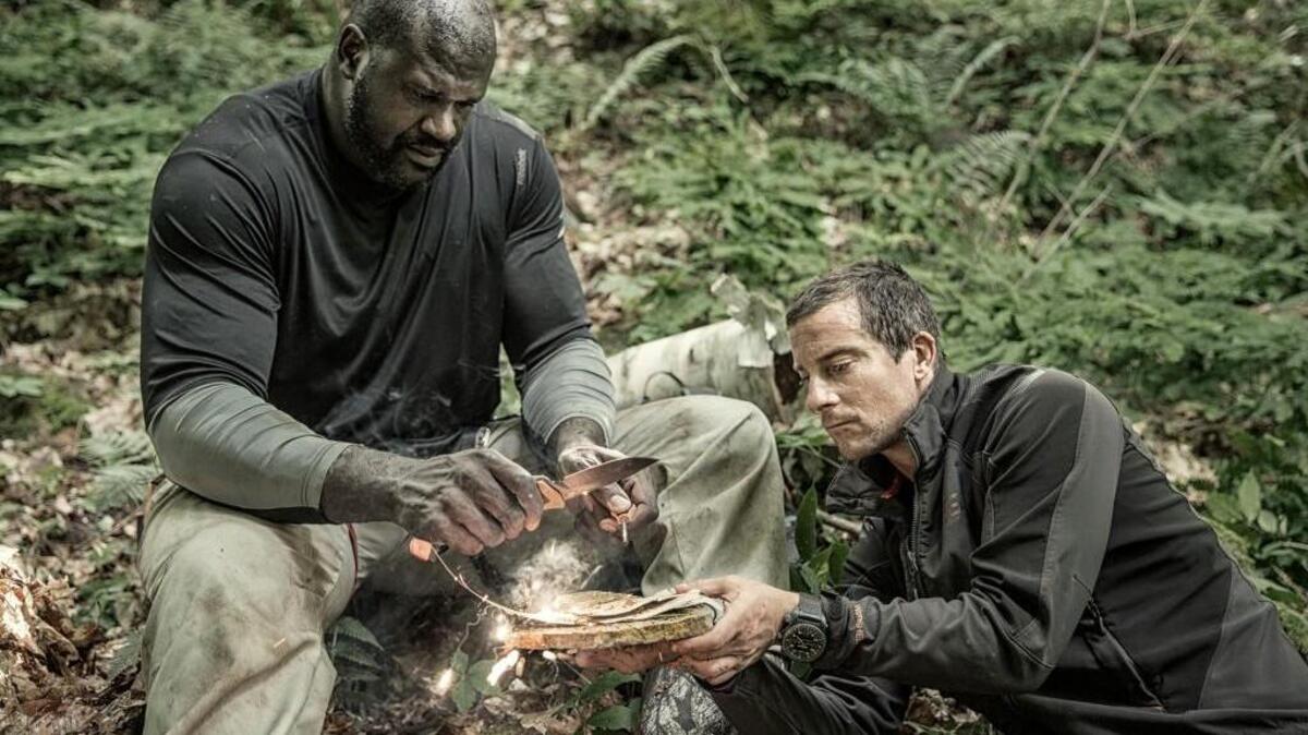 Shaquille O'Neal, left, and Bear Grylls.