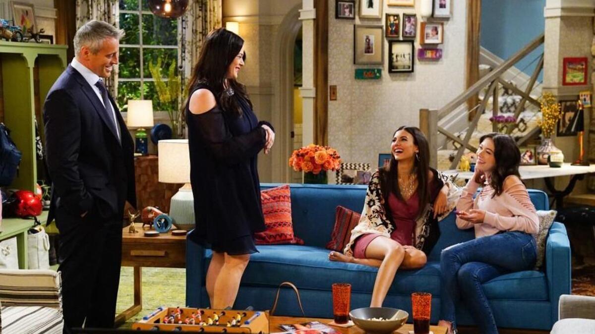 (L-R): Matt LeBlanc as Adam Burns, Liza Snyder as Andi Burns, Victoria Justice as Sophia and Grace Kaufman as Kate Burns in “Man with a Plan” on CBS.