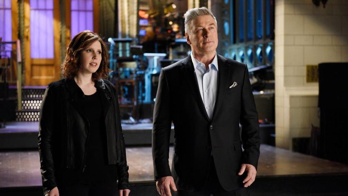 “Saturday Night Live” cast member Vanessa Bayer, left, and Feb. 11 host Alec Baldwin in Studio 8H in New York.