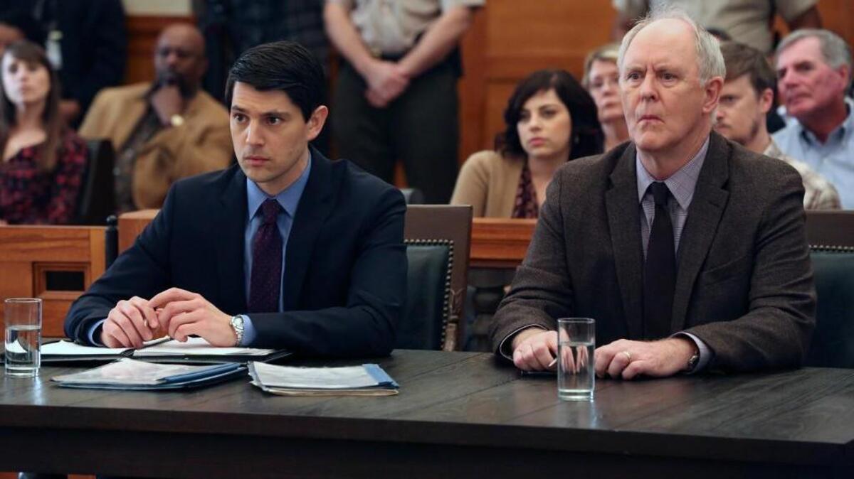 A verdict is announced in tonight’s finale of “Trial & Error.” Nicholas D'Agosto, left, as Josh, and John Lithgow as Larry.
