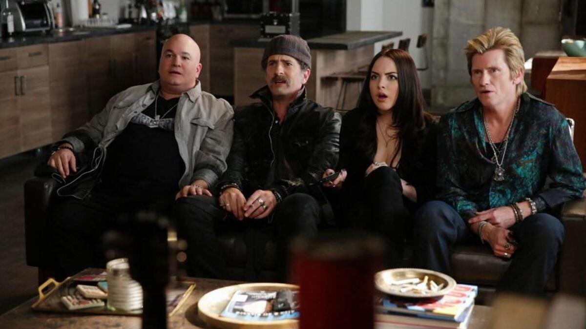 (L-R): Robert Kelly as Bam Bam, John Ales as Rehab, Elizabeth Gillies as Gigi, and Denis Leary as Johnny Rock in the Season 2 premiere of “Sex&Drugs&Rock&Roll.”