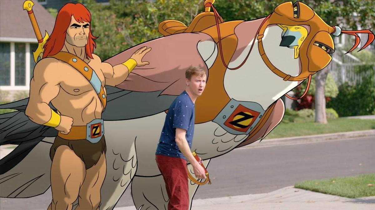 Zorn, voiced by Jason Sudeikis, with Johnny Pemberton as his son, Alangulon, in ‘Son of Zorn.’ Don’t get too attached to that cartoon bird.